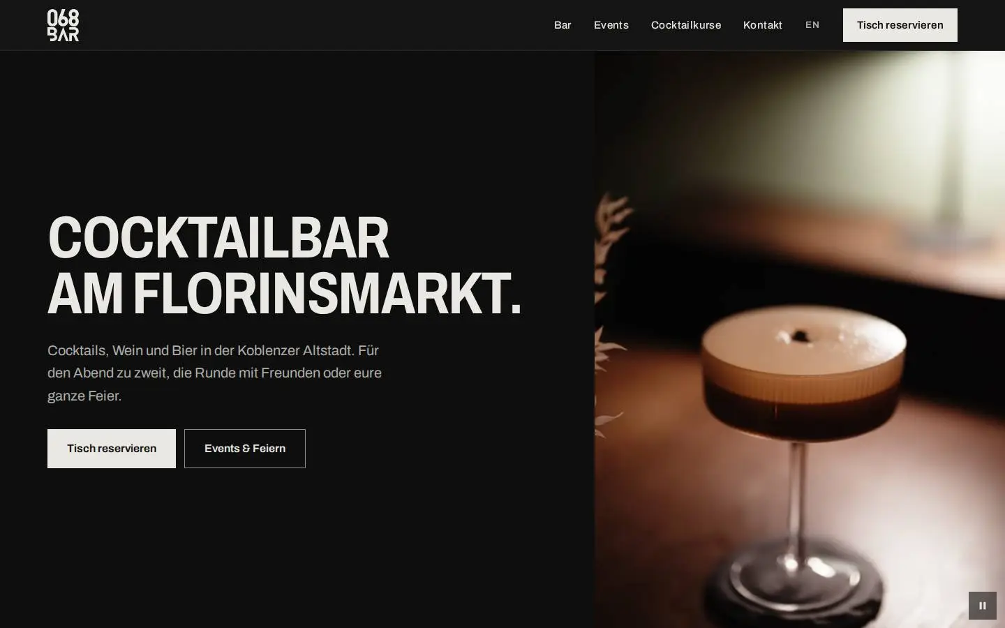 Startseite der 068 Bar: „Cocktailbar am Florinsmarkt.“